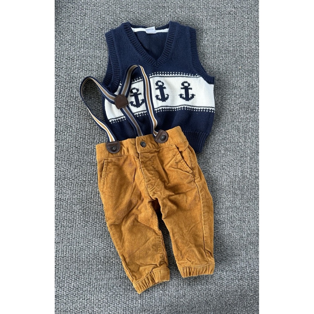 Janie and Jack 3–6M‎ Outfit Anchor Vest Corduroy Pants Suspenders Baby Boy EUC